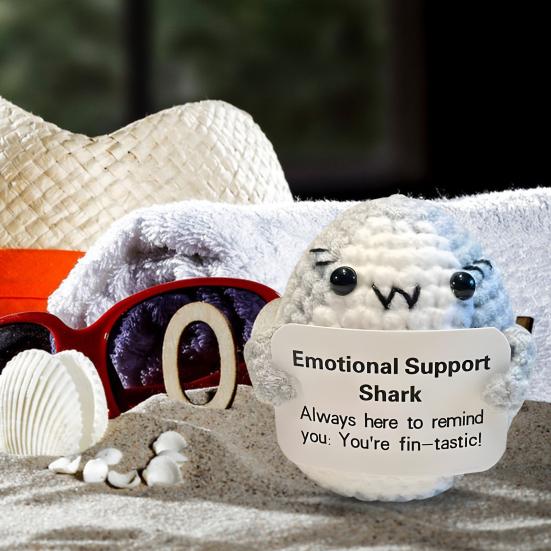 Emotional Support Shark Knitted Doll Positive Crochet Shark Gift Handcrafted Stress Relief Doll with Motivational Card Home Office Decor