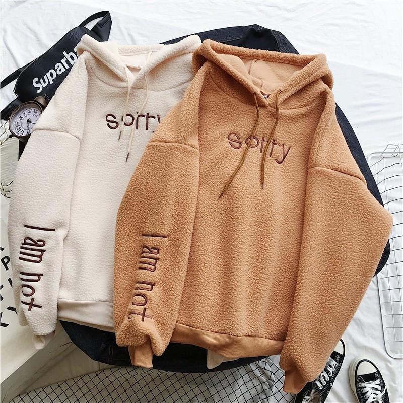 Womens Fleece-Lined Hooded Sweatshirt With Embroidery Thick Warm Oversized Pullover Winter College Style