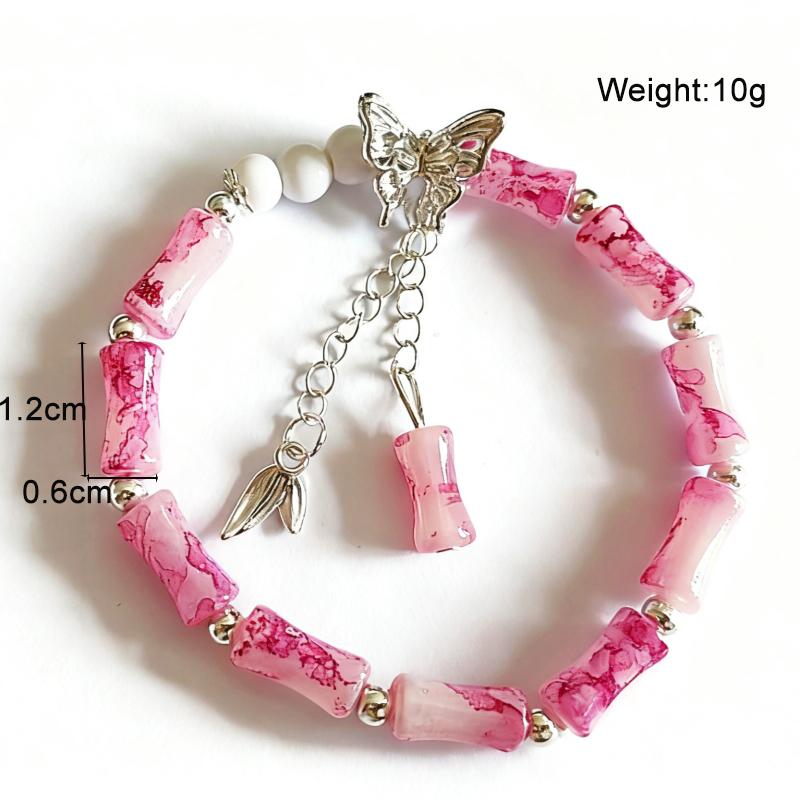 Bamboo Style Butterfly Milky Pink Bead Elastic Bangles Girl Bilezik Bracelet Women Jewelry Pulseras