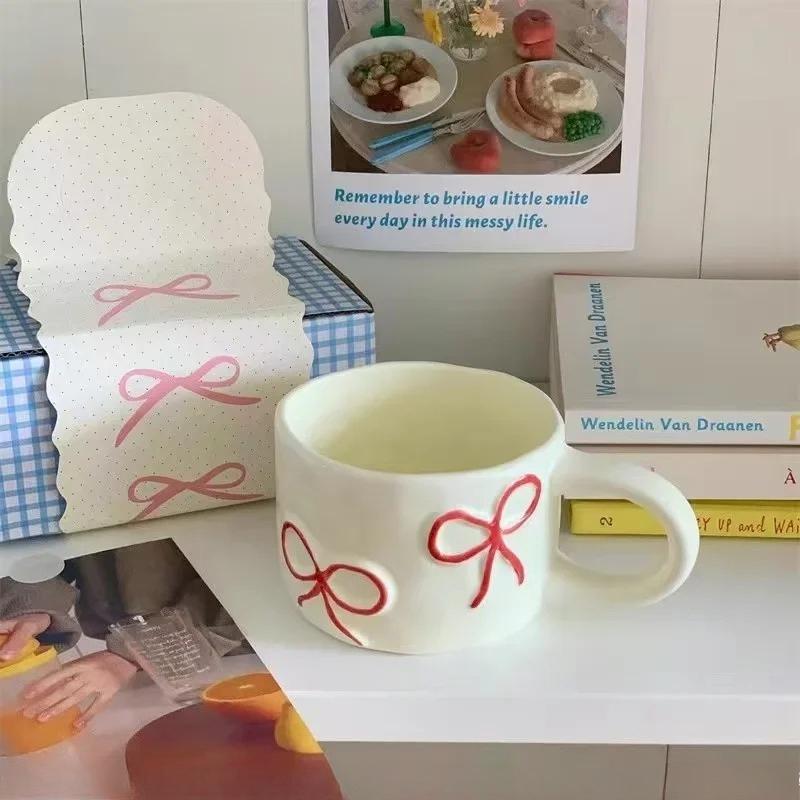 

Cream Color Relief Bow Ceramic Coffee Mug French Minimalist Style High Value Breakfast Cup For Home Office Gift Idea 320ml