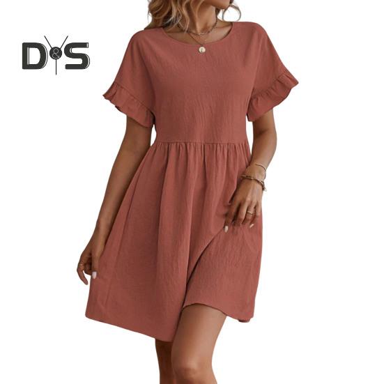 Summer Mini Dress Ruffled Short Sleeves O Neck Pleated A-line Dress Pure Color Loose Hem Dress for Dating Shopping Travel