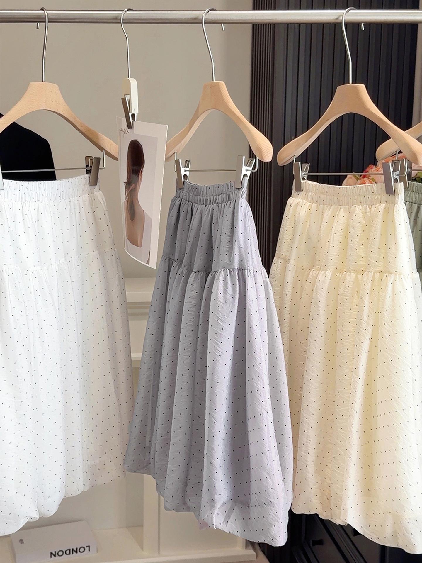 Women s Polka Dot Tulip Skirt - Elastic High Waist, A-line, Fluffy Midi, 2026 Spring/Summer Collection светло-серый