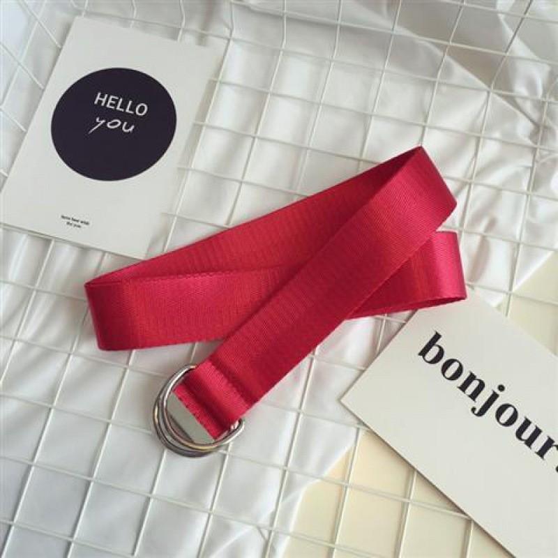

Stylish Korean Candy Color Canvas Double Ring Buckle Long Waist Belt For Men And Women Dark Red