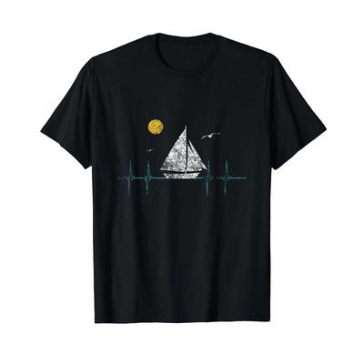Distressed Heartbeat Sailboat Sailing T Shirt Vintage Designer Clothes Slightly Breathable Graphic Comfortable Casual