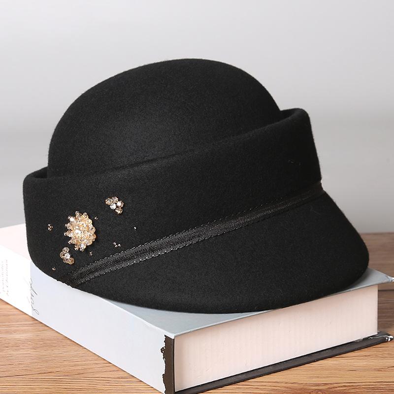 Элитные женские шляпы, Универсальные шляпы для верховой езды, Женские морозостойкие и теплые рыцарские шляпы, Шляпы в иностранном стиле для знаменитостей, Шляпы из шерстяного фетра Crystal flower double brim knight hat m (56-58cm) чёрный