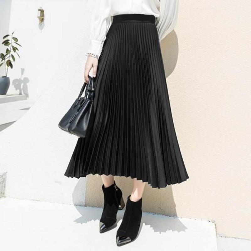 Women Vintage Midi Skirt Wide Elastic Waistband High Waist Pleated A-Line Skirt Solid Color Smooth Satin Long Skirt