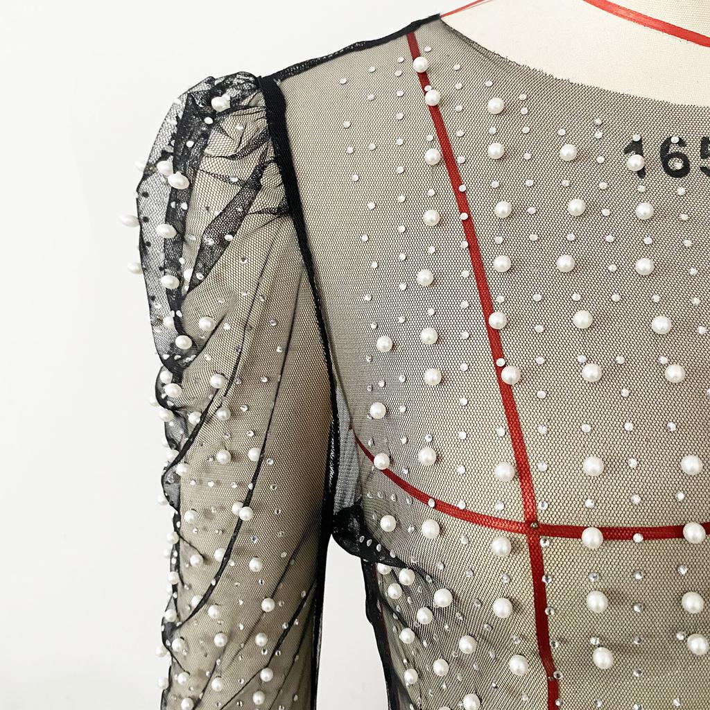 Women's Summer Rhinestone Bubble Sleeve Mesh Top