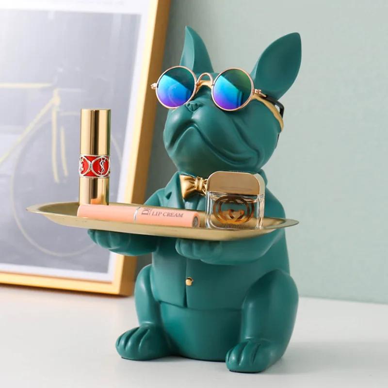 Nordic French Bulldog Sculpture Dog Figurine Statue Key Jewelry Storage Table Decoration Gift With Plate Glasses Ornaments