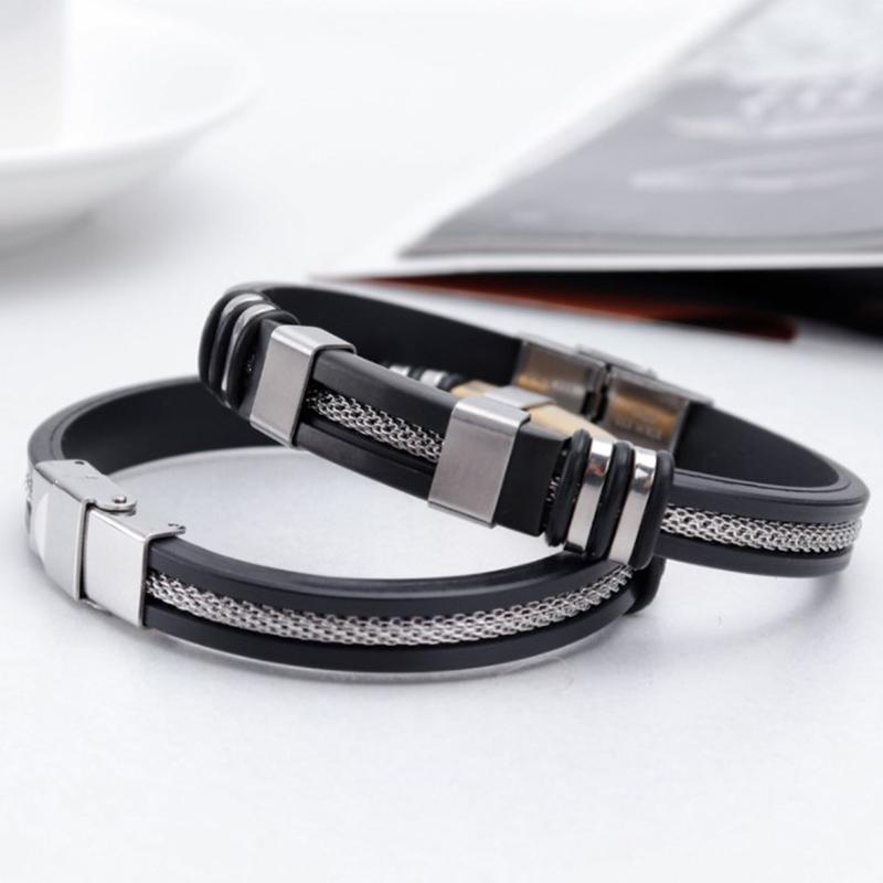 Man Bracelets Stainless Steel Casual Adjustable Bracelet For Men Waterproof Silicone Bangles Black Wristband Punk Trendy Jewelry