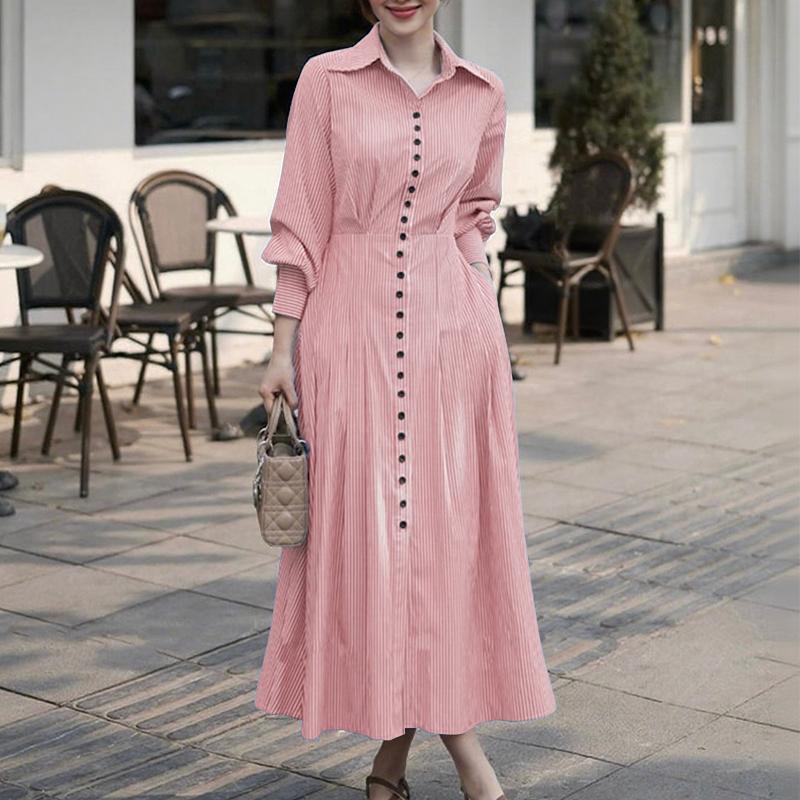 

ZANZEA Женское повседневное платье в полоску с отложным воротником, свободное, с длинным рукавом 5XL красный