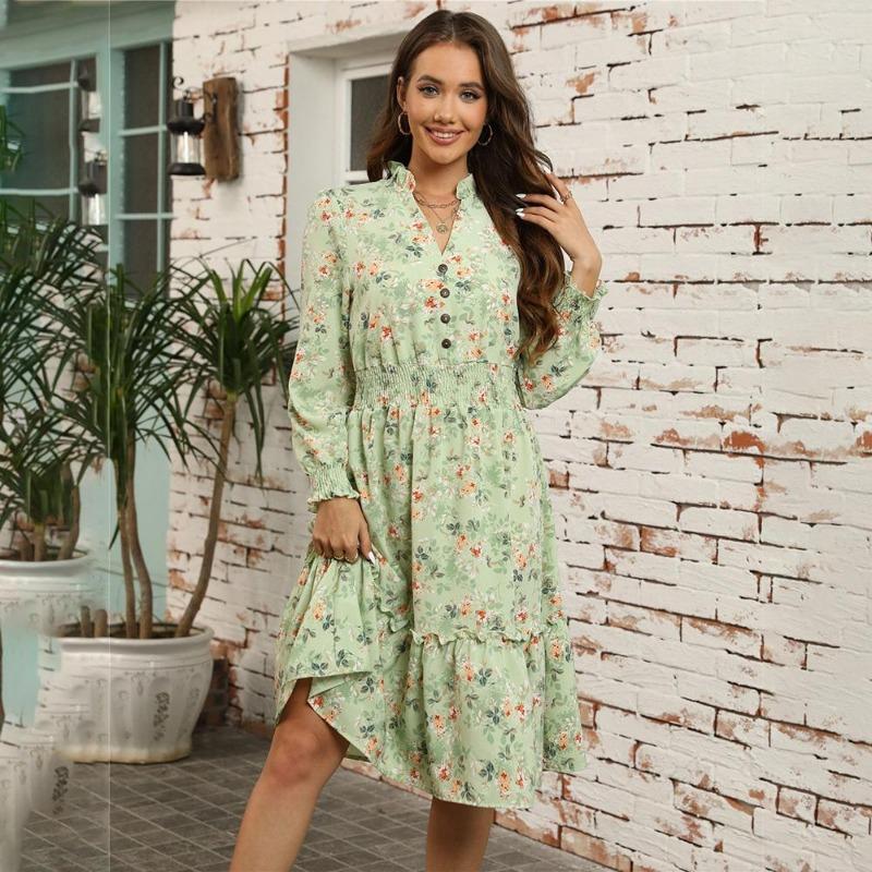 Autumn Winter Women Long Sleeve Print Elegant V-neck Casual A-Line Knee-Length High Waist Dress