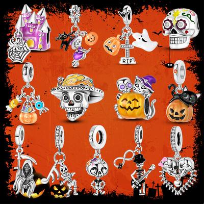 Halloween Charms Copper Plated Ghost Pumpkin Human Skeleton Original Pendants Beads Fit Bracelet Diy Jewelry For Woman