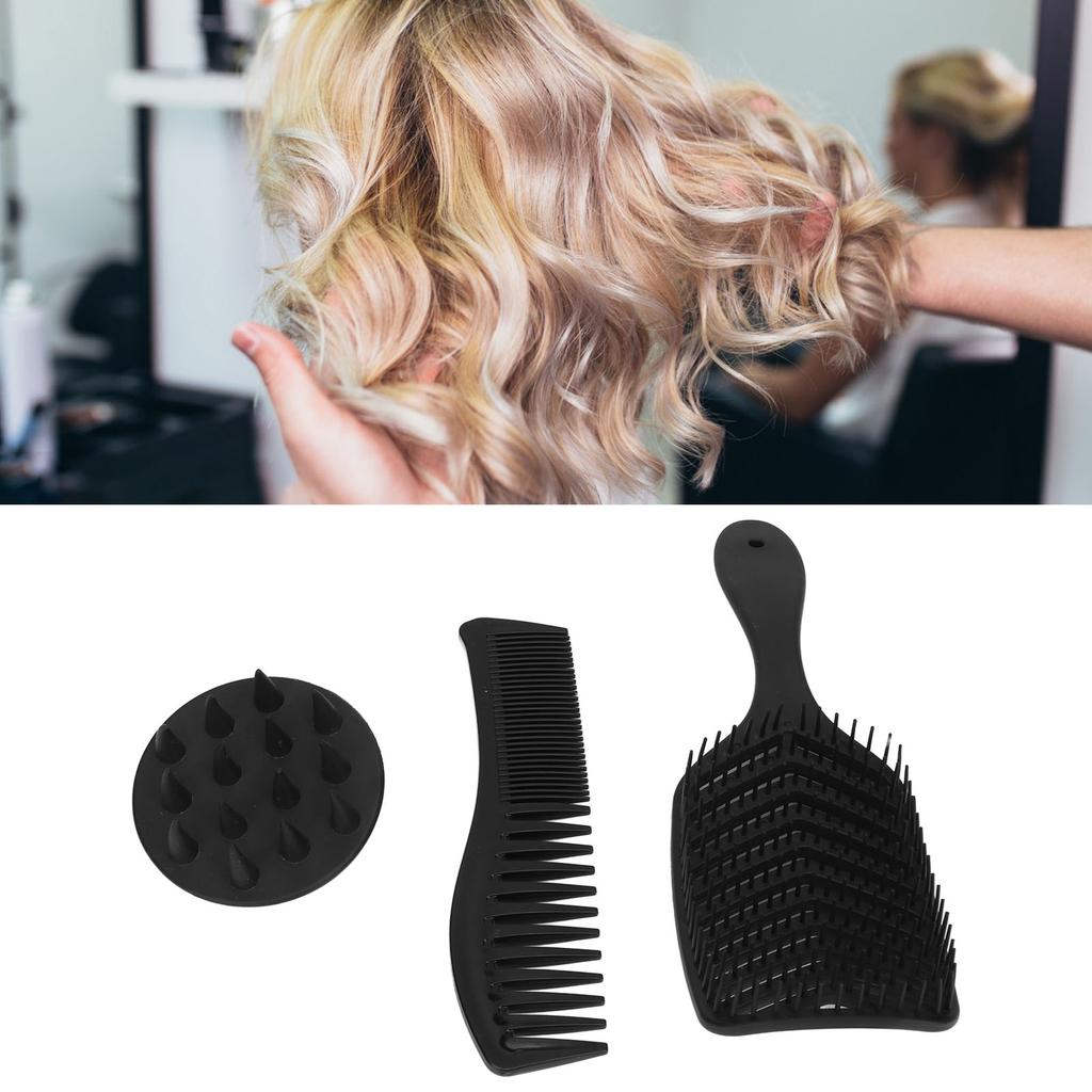 3pcs Hair Comb Set Easy Detangling Hollow Out Comb Wide Teeth Comb Hair Washing Brush Black