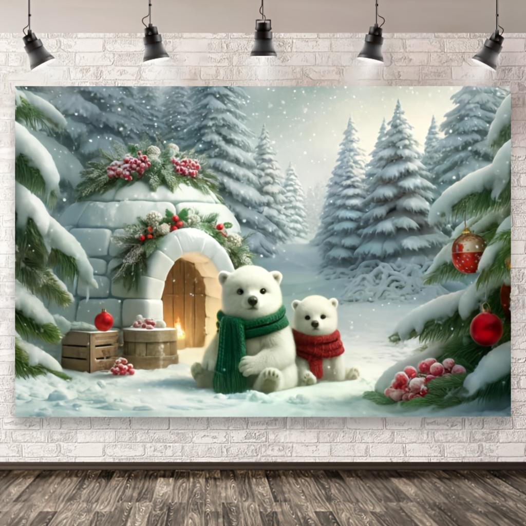 1Pcs Winter Snowy Trees Igloo Bears Decoration Background Winter Backdrop For Photo Studio Photo Booth Party
