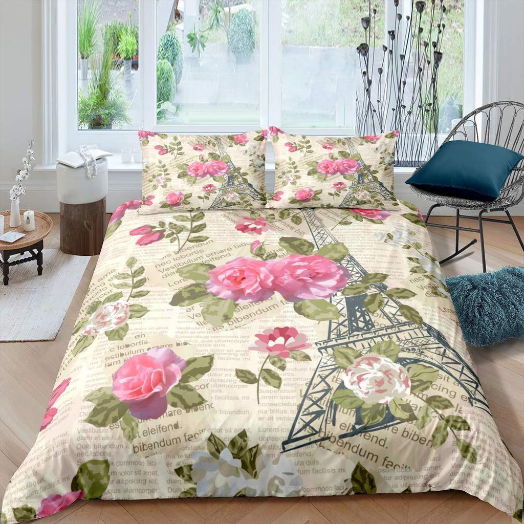 French Duvet Set Eiffel Tower Printed Bedding Sweet French Street Scene Pattern