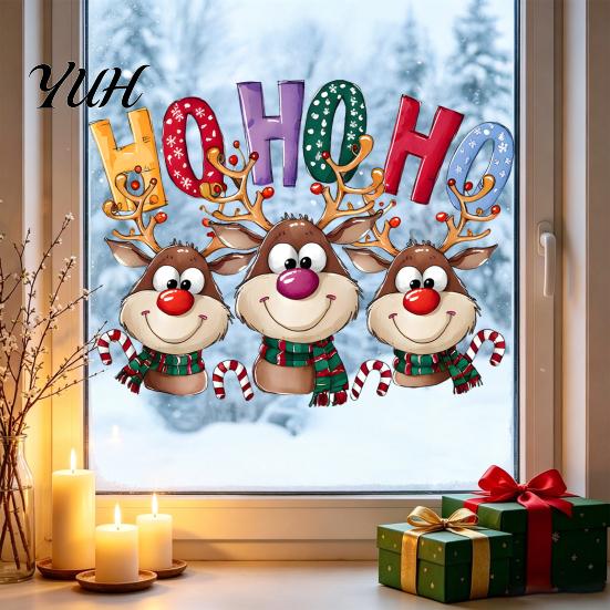 Christmas Scene Settings Static Cling Window Stickers, Cartoon Reindeer HOHOHO Art Glass Decals, Reusable Film Festive Holiday Decor for Home Windows