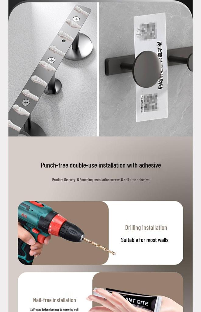 Wall-Mounted No-Punch Clothes Rack and Hooks for Bathroom, Entryway, Bedroom