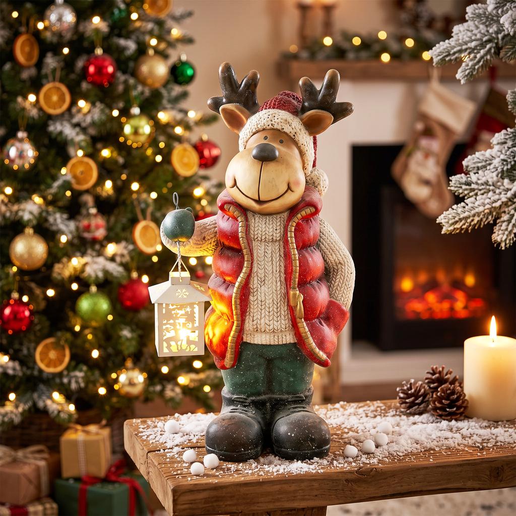 Christmas Decoration, Reindeer with Lantern, LED, Battery-operated, 25.5 X 19.5 X 52 Cm, Red