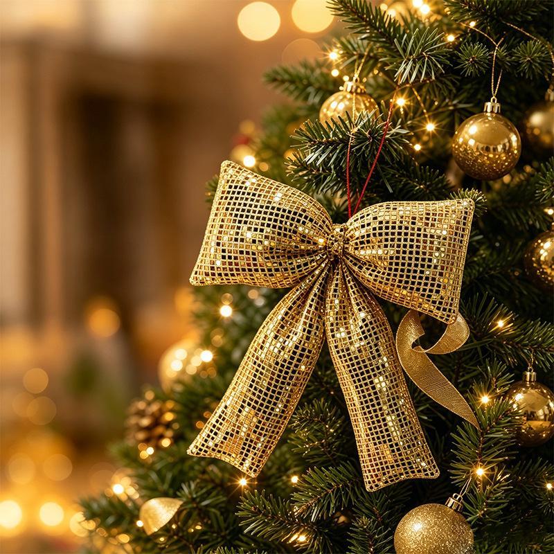 Hanging Christmas Sequin Bow Retro Exquisite Christmas Tree Ornament Sparkling Wreath Garland Bow Merry Christmas