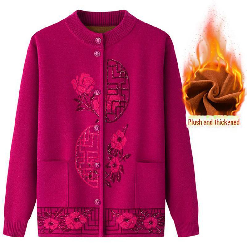 Warm Knitted Cardigan for Middle-aged and Elderly Women - Plus Velvet Winter Sweater Coat