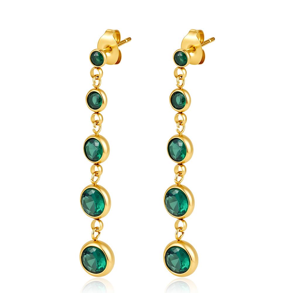 Trendy Women's 18K Gold-Plated Emerald Tassel & Stud Earrings with Cubic Zirconia In Stainless Steel