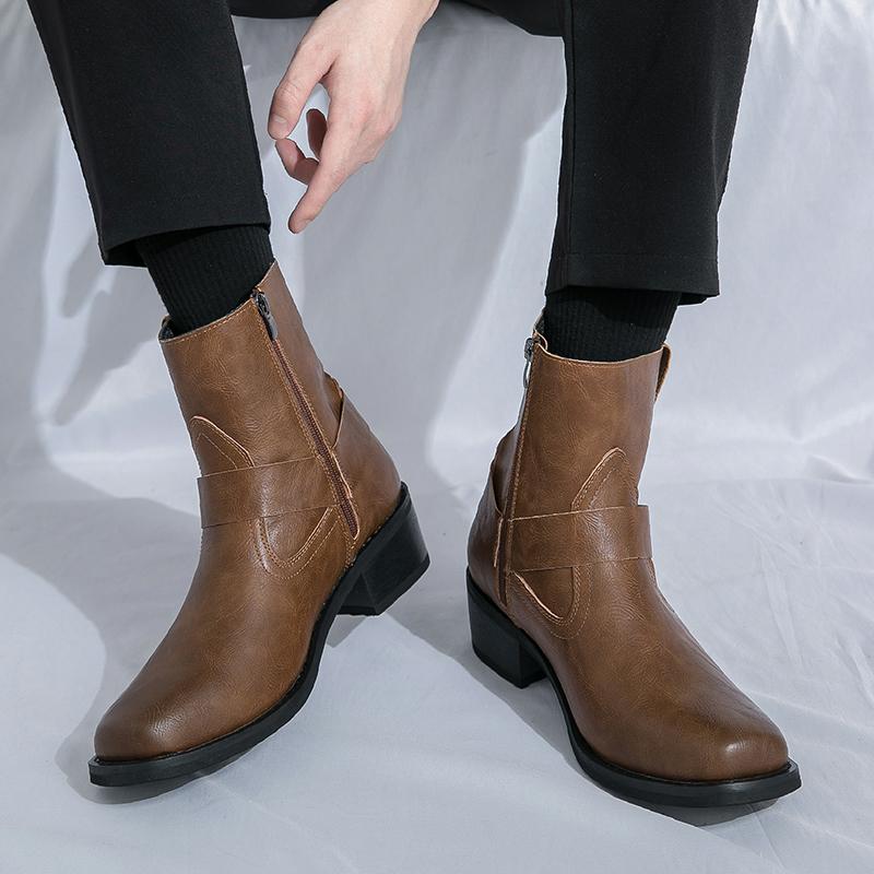 Fashion Square Toe Boots Men PU Solid Color Low Heel Comfortable Non Slip Classic Business Casual Men Short Boots
