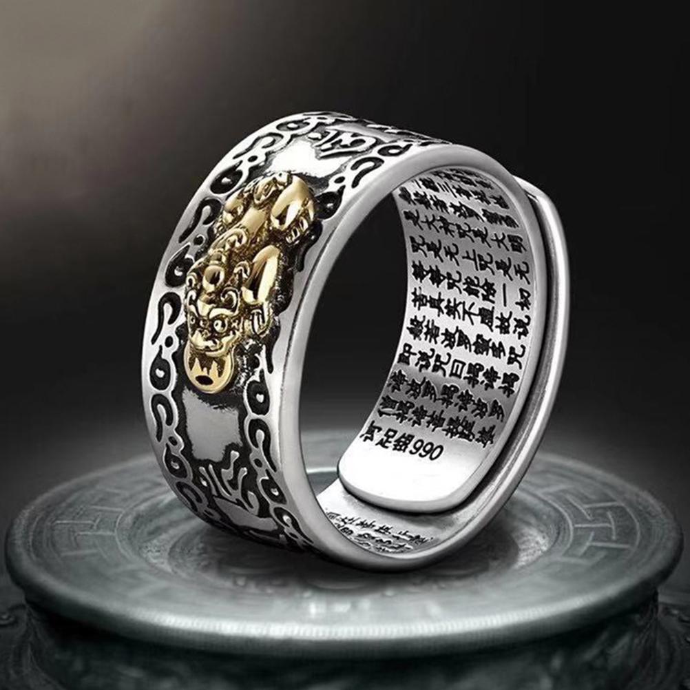 Feng Shui Ring Alloy Finger Ring Pixiu Mani Mantra Protection Wealth Ring Amulet Wealth Lucky Open Adjustable Ring