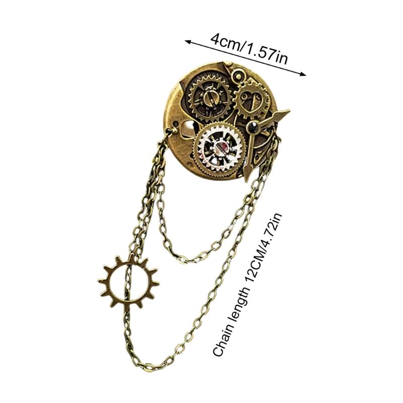 Punk Gear Clock Brooch Pins for Women Men Punk Lapel Pin Hanging Tassels Chains Brooch Pin Shirt Collar Pins Jewelry