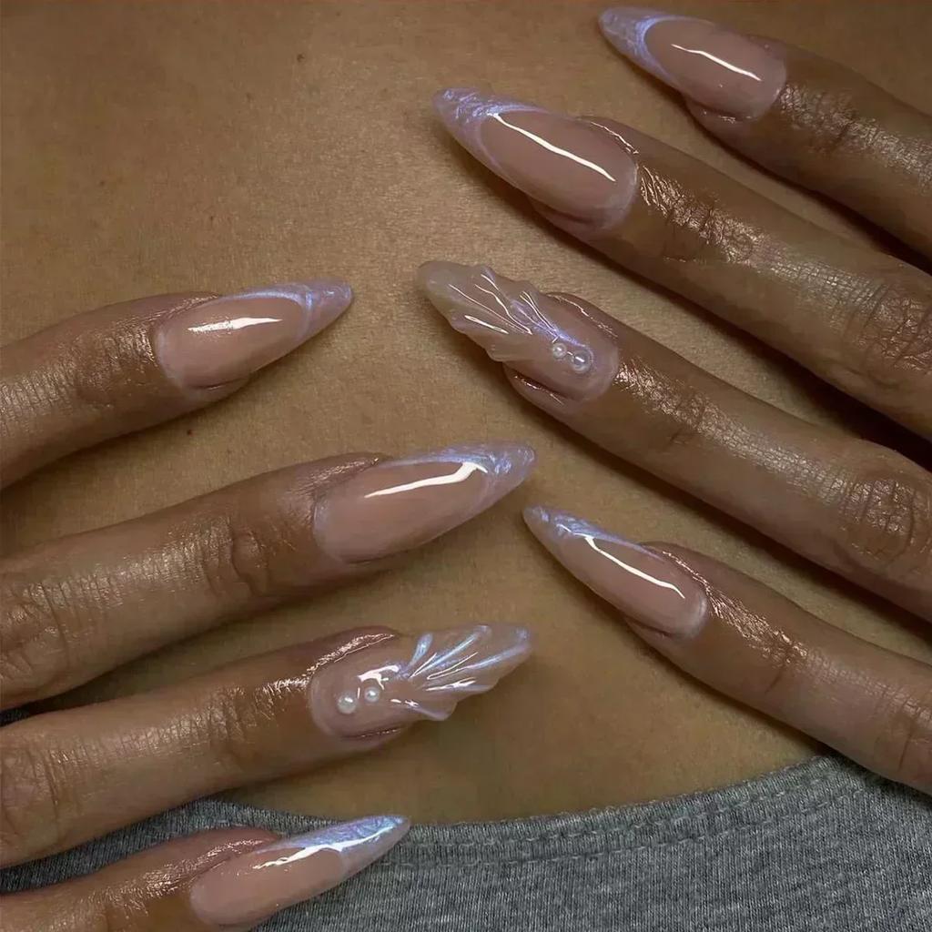 24Pcs Pink Almond False Nails Butterfly Ballet with French Design Wearable Fake Nails Simple Artificial Press On Nails Tips Art