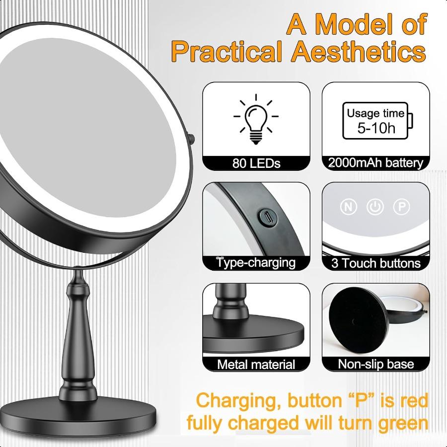 Makeup Mirror with Lights 20X Magnifying Mirror with Light and 3 Colors 9 Vanity Mirror with Lights and Adjustable Brightn 2Sid