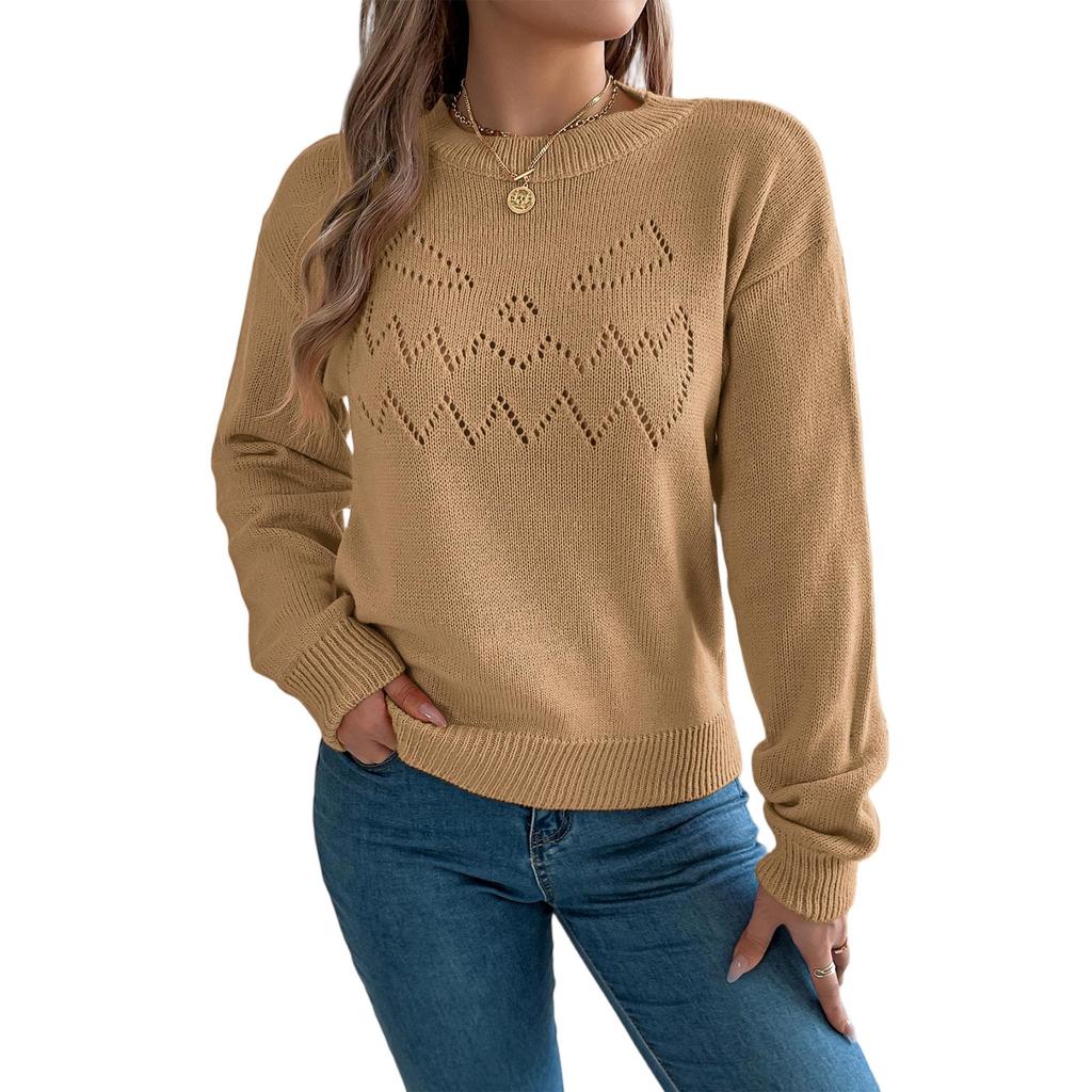 Women's Solid Color Round Neck Mesh Long Sleeves Pull-over Sweater