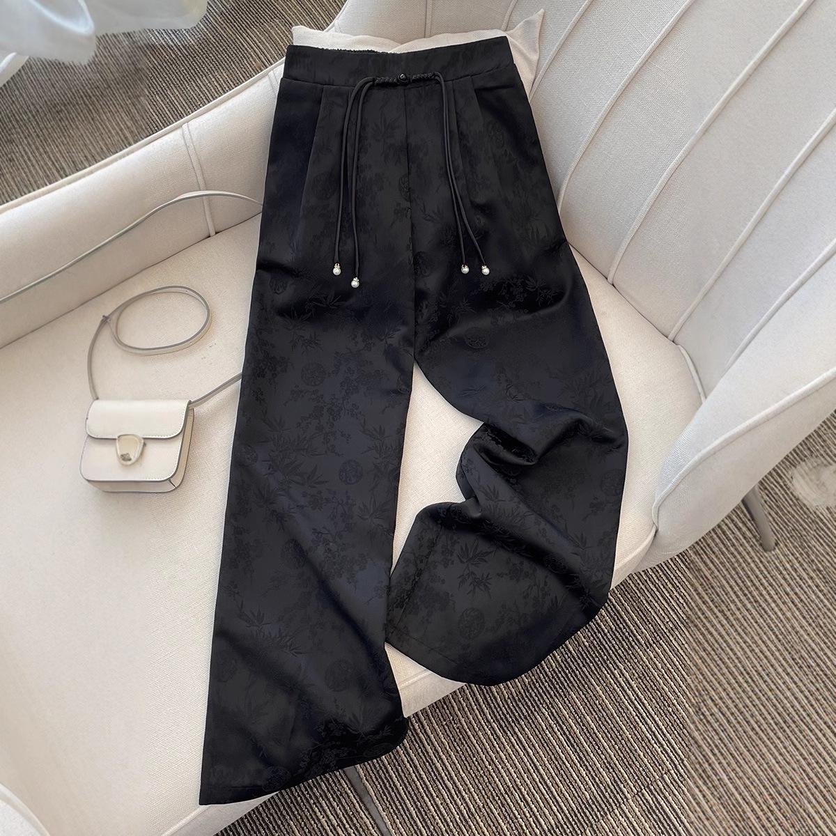

Женские брюки с высокой талией, широкими штанинами, из атласного жаккарда, с застежкой на пуговицу-лягушку - в китайском стиле, стройнящие, драпирующиеся, длиной до пола для весны/лета Small чёрный
