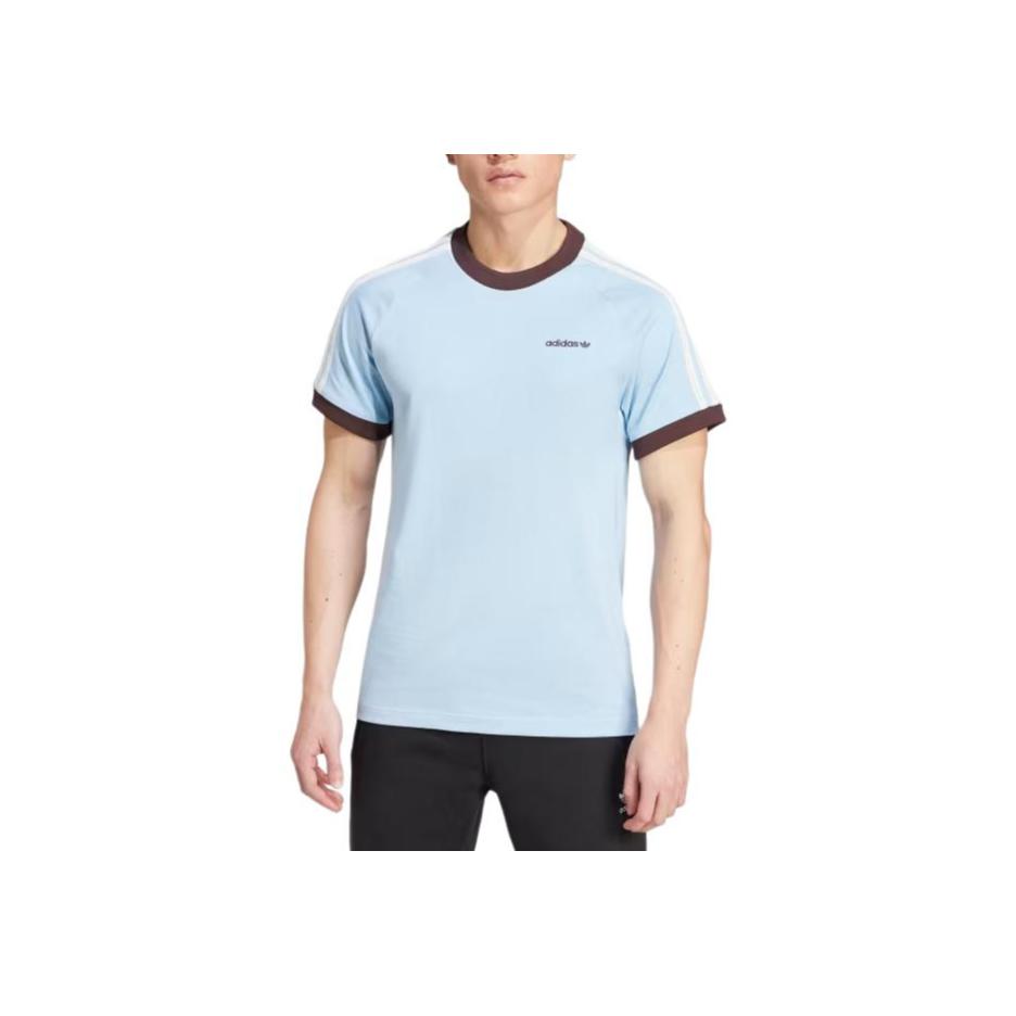 Adidas Originals T-Shirt mit kleinem Logo und Streifen, Rundhalsausschnitt, gerader Schnitt, kurzärmelig, Herrenoberteile, Rosa/Blau, JC6512