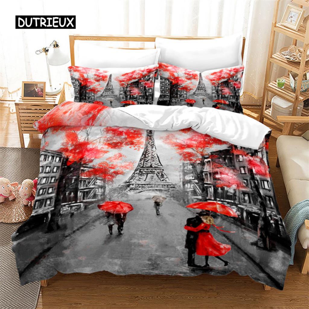 France Eiffel Tower Duvet Cover Romantic Couple Comforter Cover Microfiber France Paris Cityscape Bedding Set For Adults Decor