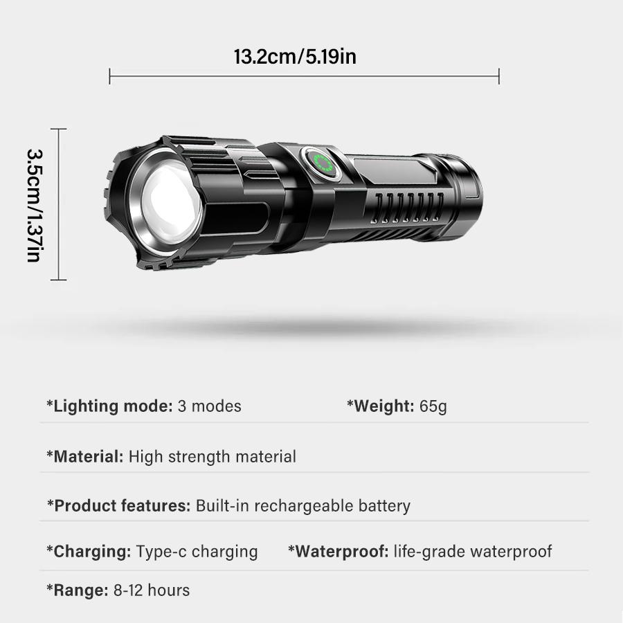 Powerful LED Flashlight USB C Rechargeable Zoomable Searchlight 3 Modes Handheld Flashlight for Outdoor Camping Hunting Torch