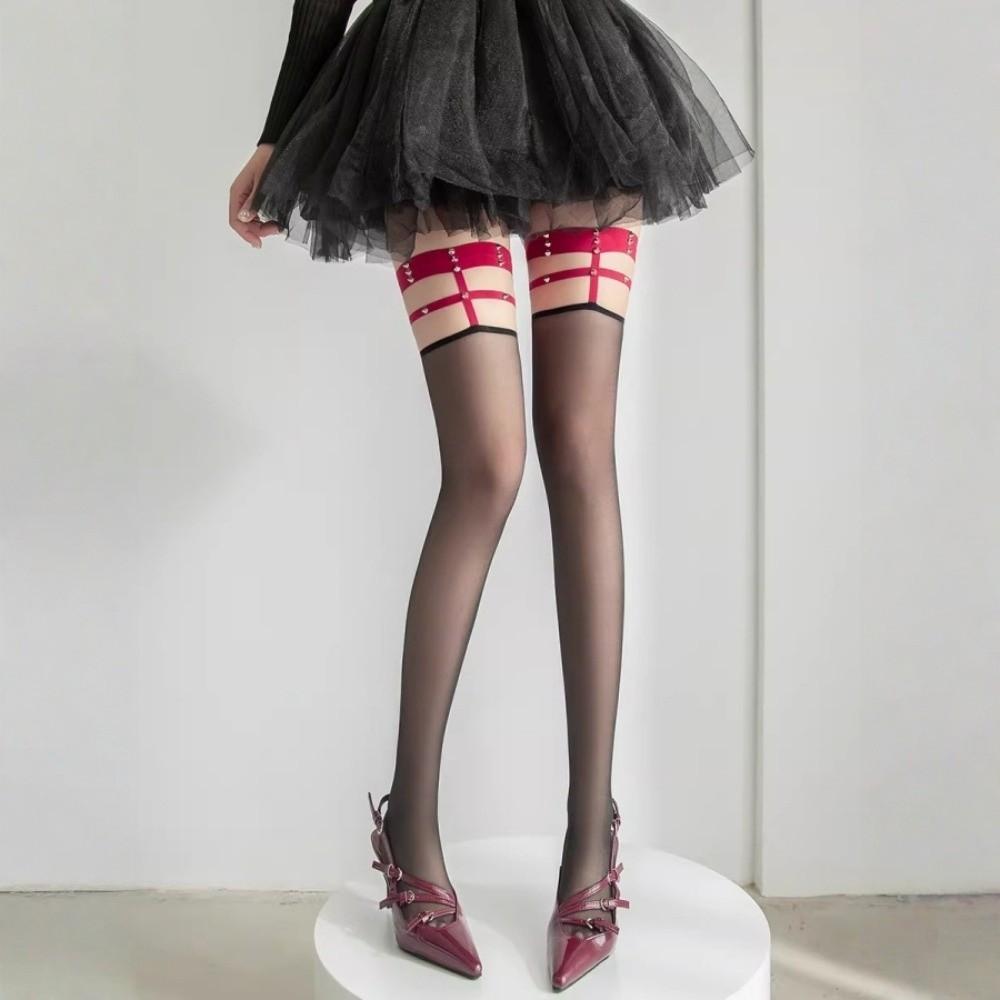 Breathable Garter Stockings Seamless Over Knee Socks Personalized Rivet Silk Stockings  Lolita