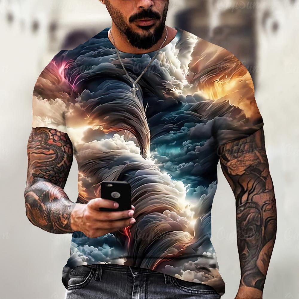 Lightning 3D Printed Short Sleeved T-shirt Summer Breathable Polyester Simple Round Neck Top