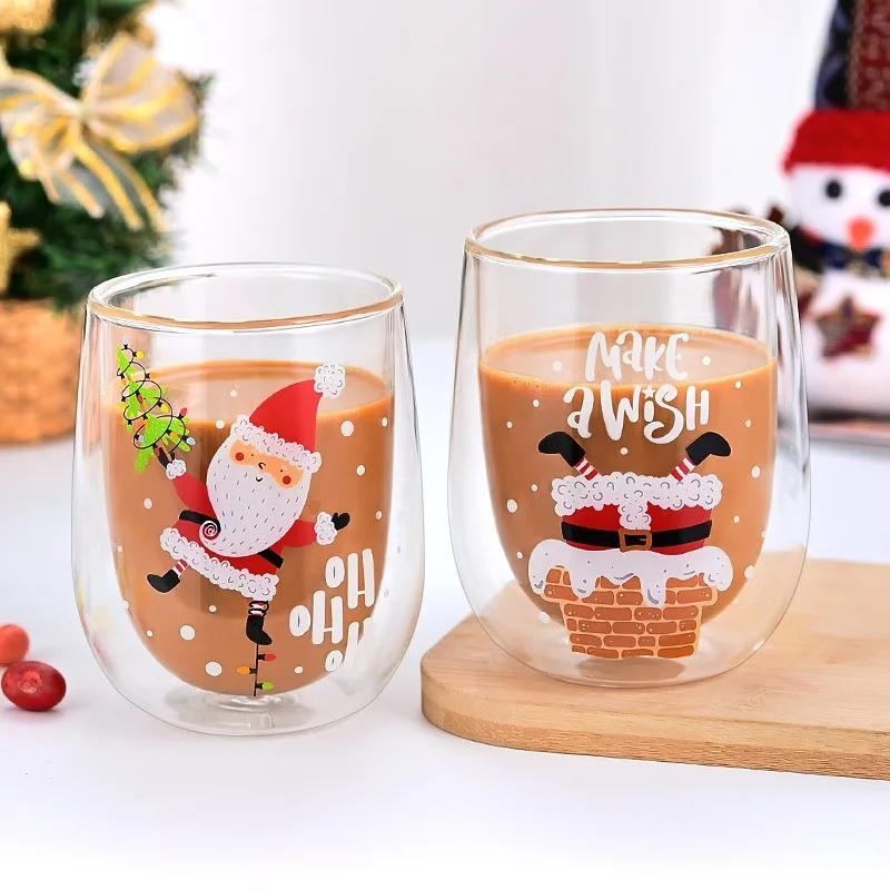 Weihnachtsglas Tasse Weihnachtsmann Muster Doppelwandige Kaffeetasse Frühstückswasserbecher für Kinder Zuhause/Büro Trinkgeschirr Weihnachtsgeschenke