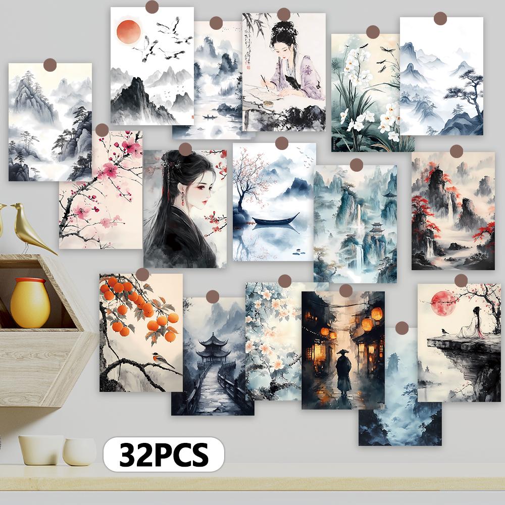 32pcs, Ancient Style Landscape Postcards, Wall Stickers, Mailing Cards, Greeting Cards, DIY Postcards, Souvenir Postcards, Decor
