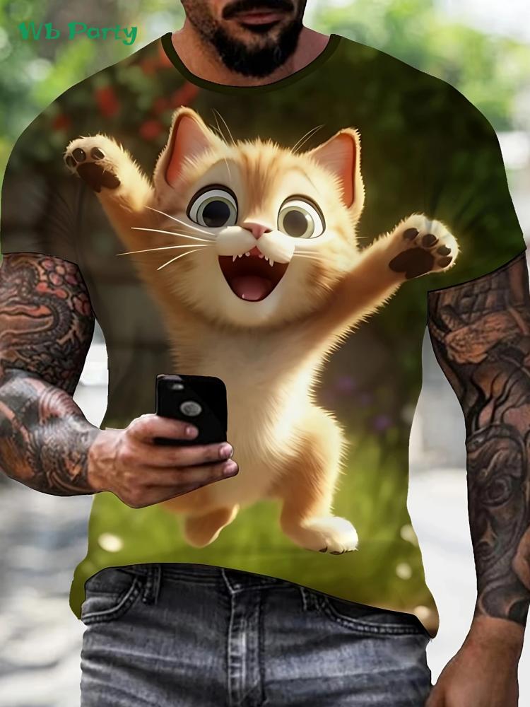 Uus 3D kassipildiga T-särk Suvine välitingimustes meeste lühikeste varrukatega T-särk Mood ümara kaelusega meeste topid Vabaaja ülemõõdulised meeste riided