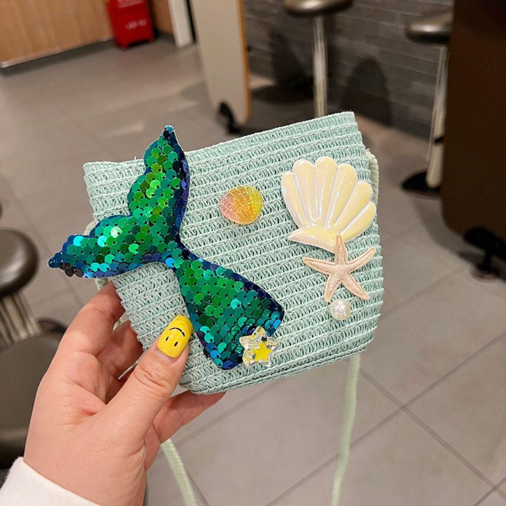 

Mermaid Straw Shoulder Bags Straw Mini Coin Purse Durable Handbags Kids Girls синій