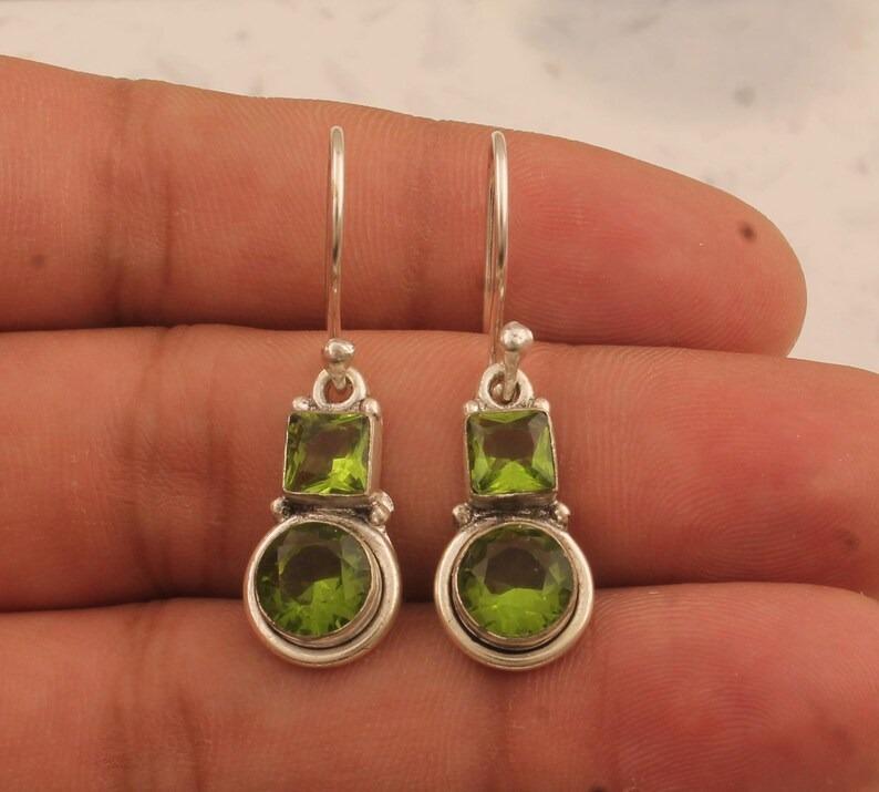Solid 925 Sterling Silver Earrings Peridot Gemstone Earrings Handmade Earrings Boho Earrings Mom Gifts