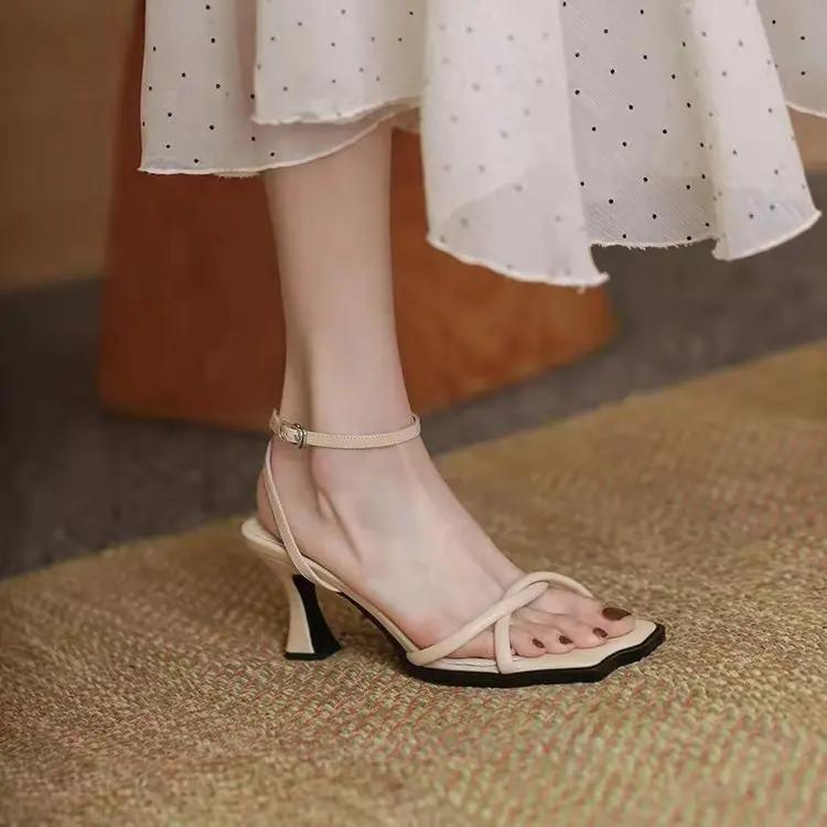Fashion 2025 Summer Narrow Band Heel Sandals Women Thick Heel 7 CM Ankle Strap Fashion Square Toe Ladies Dress Sandalias Women's shoes