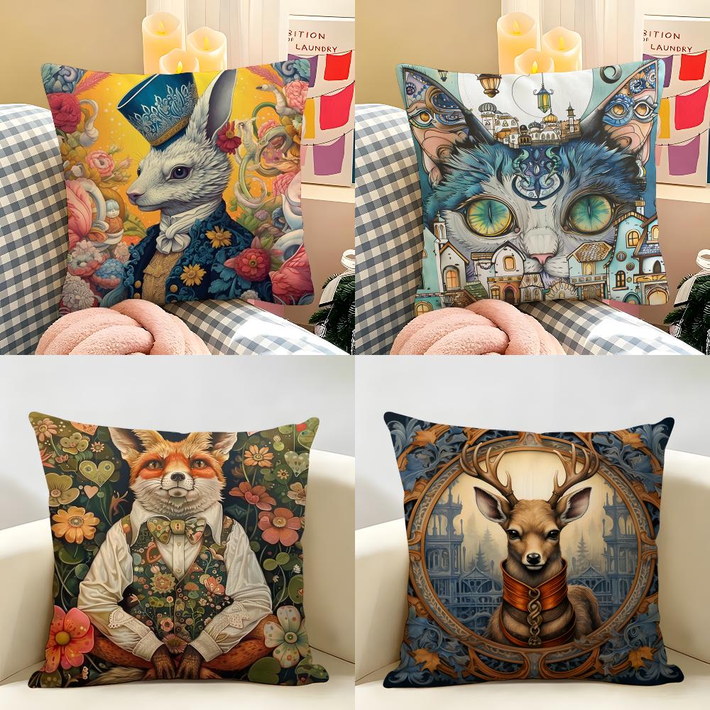 Funny Animal Vintage Portrait Cushion Cover Natural Linen Organic Fabric DoubleSided Printing Room Sofa Decor Pillow Case