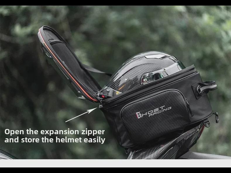 Motocyklový multifunkční pevný skořepinový ocasní vak a LED batoh na helmu