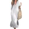 Europe Beautiful Woman Summer Sides Slit Pocket V Neck Split Sleeve Chest Pleated Dress