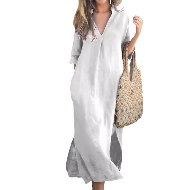 Europe Beautiful Woman Summer Sides Slit Pocket V Neck Split Sleeve Chest Pleated Dress