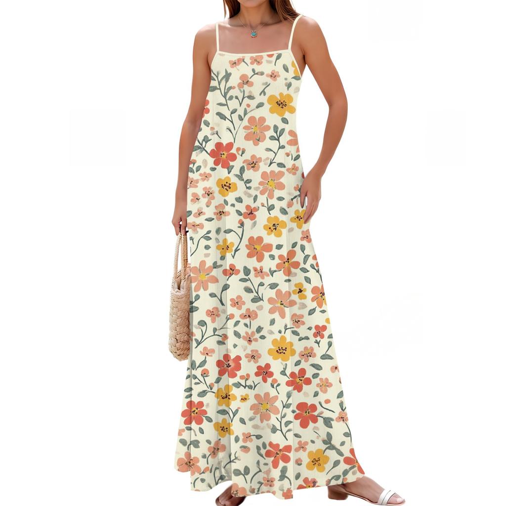 Women's Spring And Summer Casual Fashion Adjustable Suspenders Printed Long Dress