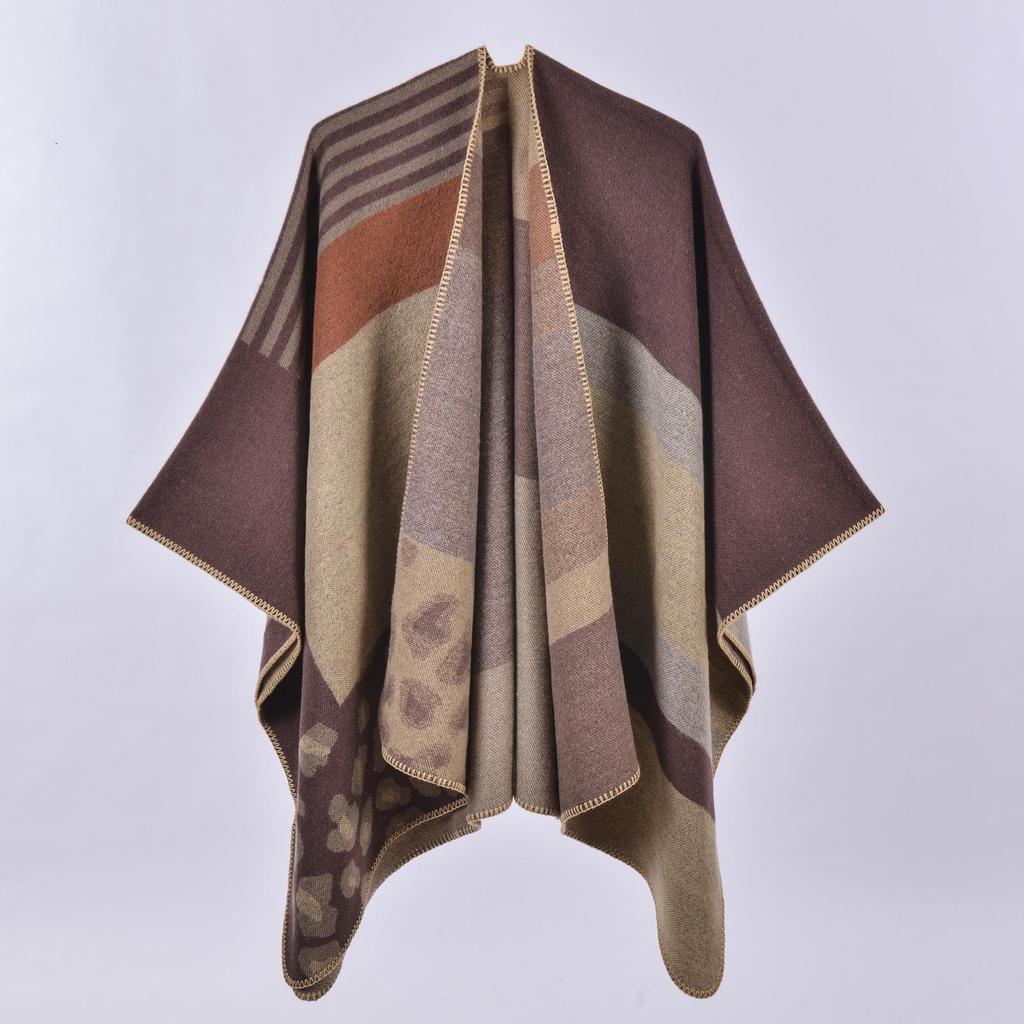 Versatile Plaid Women's Faux Cashmere Shawl: Ethnic Style Slit Cape for Autumn/Winter