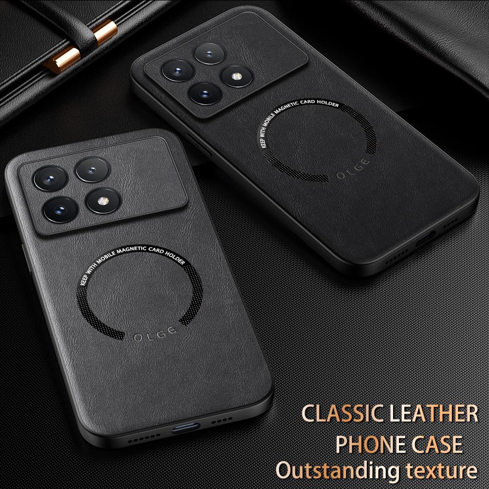 Luxury Leather Magnetic Magsafe Case for POCO X6 X5 Pro F5 Pro C65 M6 Car Mount Case Silicone Shockproof Full Protection Cover